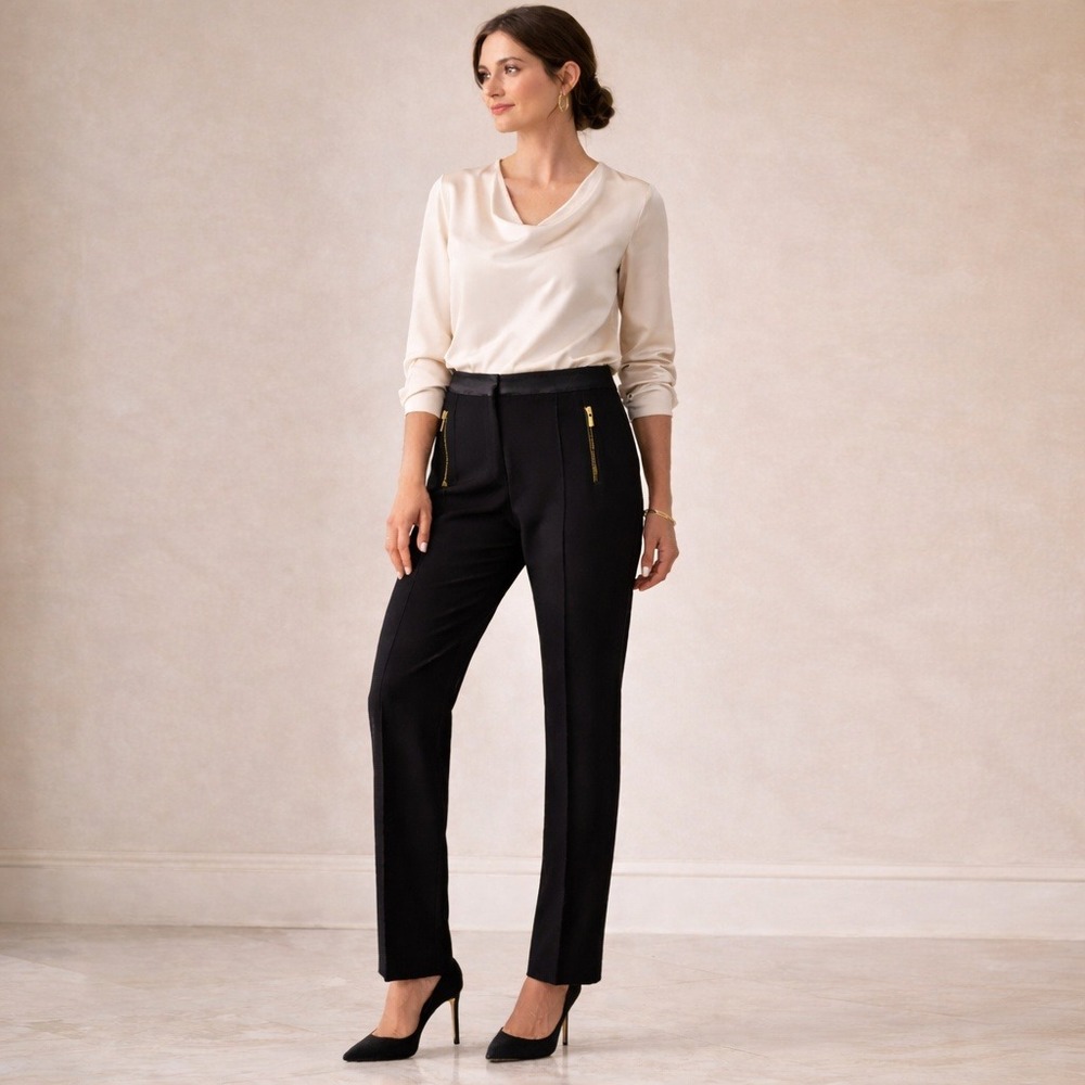Chico's Size 1 Black Dress Pants Satin Waist Gold Zip Pockets Career Trousers‎